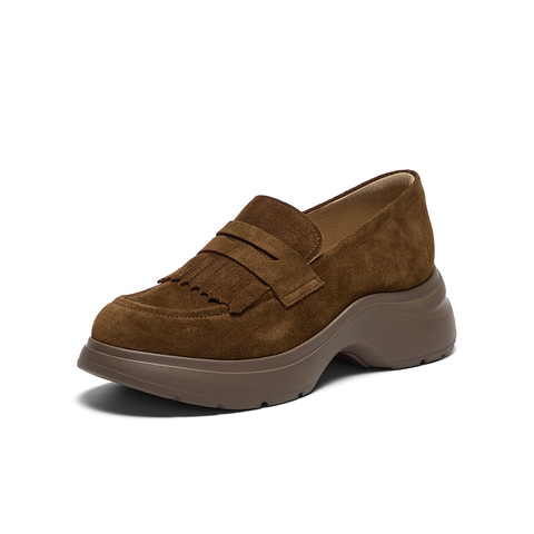 Bata乐福鞋女2025秋商场新款英伦牛剖皮通勤厚底一脚蹬AZR07CA5