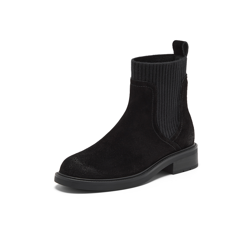 Bata瘦瘦靴女2025冬新款牛剖皮英伦风粗跟袜靴弹力短靴6505ADZ5