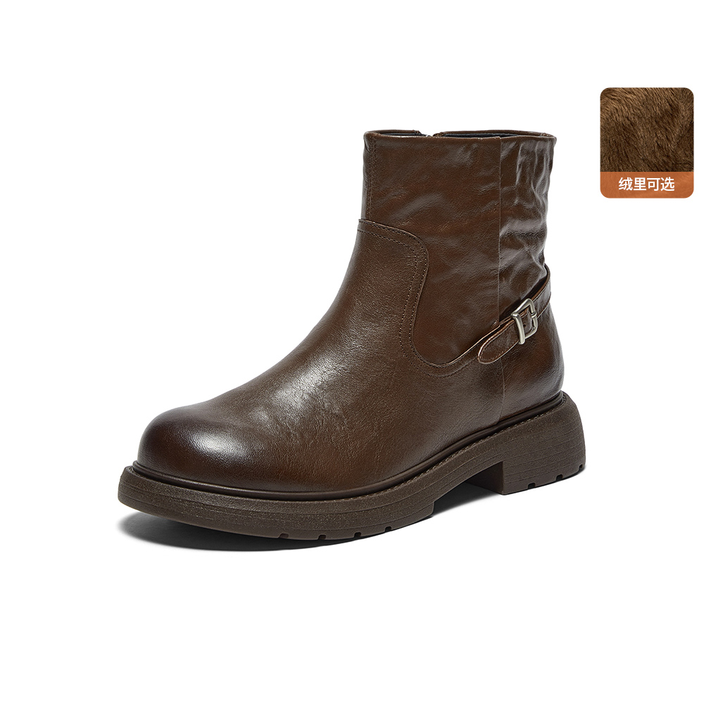 Bata时装靴女2025冬季商场新款粗跟百搭羊皮通勤短筒靴AD740DD5