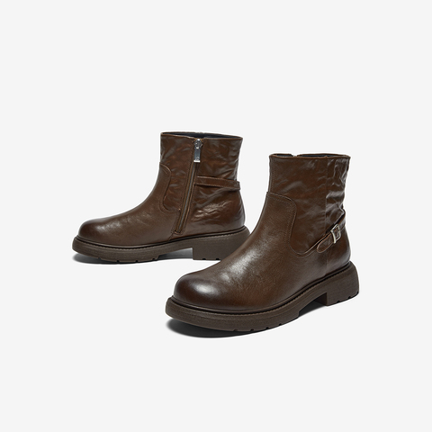 Bata时装靴女2025冬季商场新款粗跟百搭羊皮通勤短筒靴AD740DD5