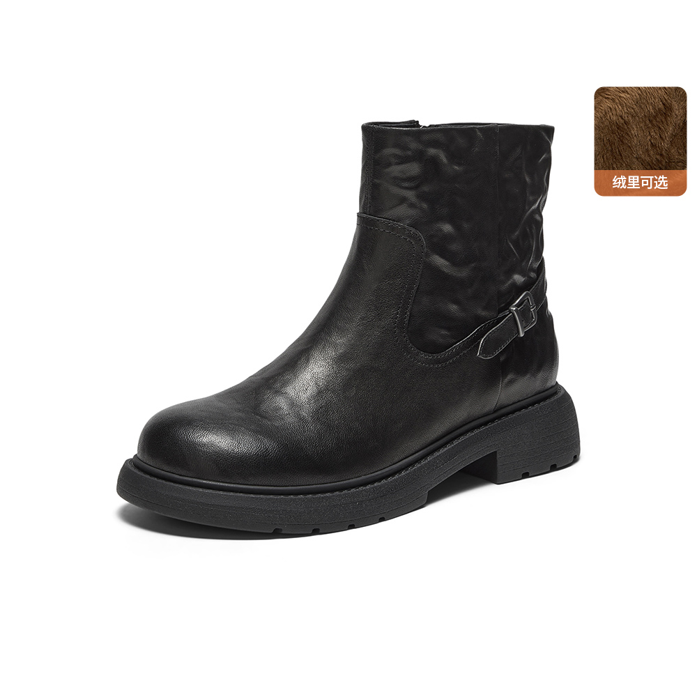 Bata时装靴女2025冬季商场新款粗跟百搭羊皮通勤短筒靴AD740DD5