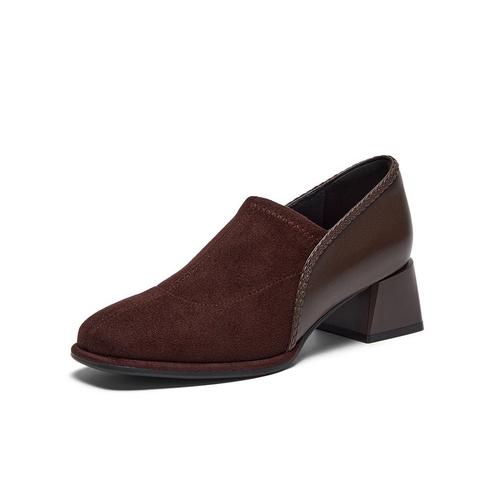 Bata深口鞋女春2025春秋季商场新款软底复古羊皮粗跟单鞋AAH03AM6