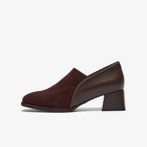 Bata深口鞋女春2025春秋季商场新款软底复古羊皮粗跟单鞋AAH03AM6