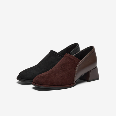 Bata深口鞋女春2025春秋季商场新款软底复古羊皮粗跟单鞋AAH03AM6