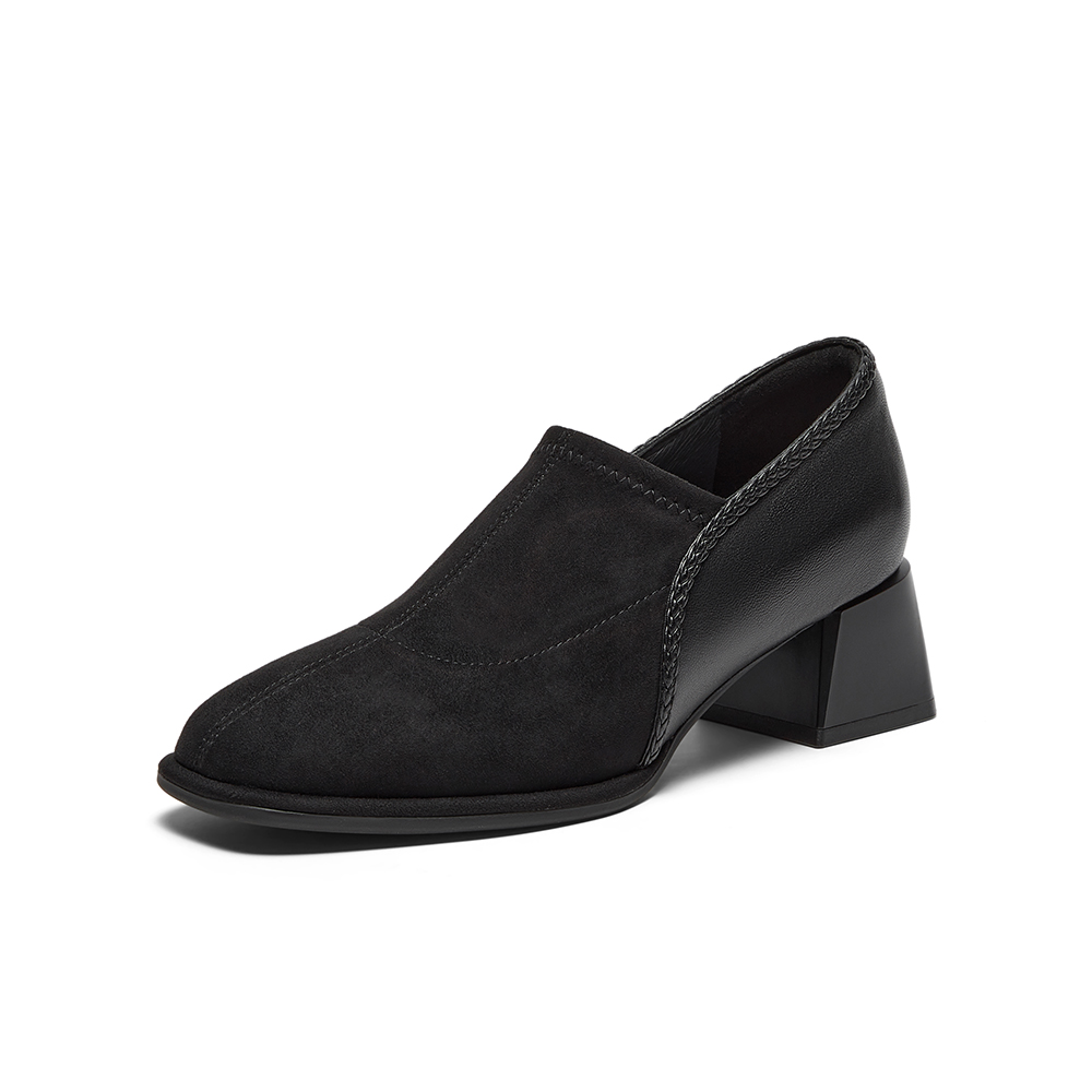 Bata深口鞋女春2025春秋季商场新款软底复古羊皮粗跟单鞋AAH03AM6