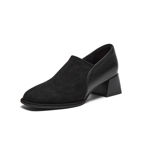 Bata深口鞋女春2025春秋季商场新款软底复古羊皮粗跟单鞋AAH03AM6