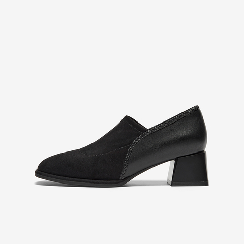 Bata深口鞋女春2025春秋季商场新款软底复古羊皮粗跟单鞋AAH03AM6