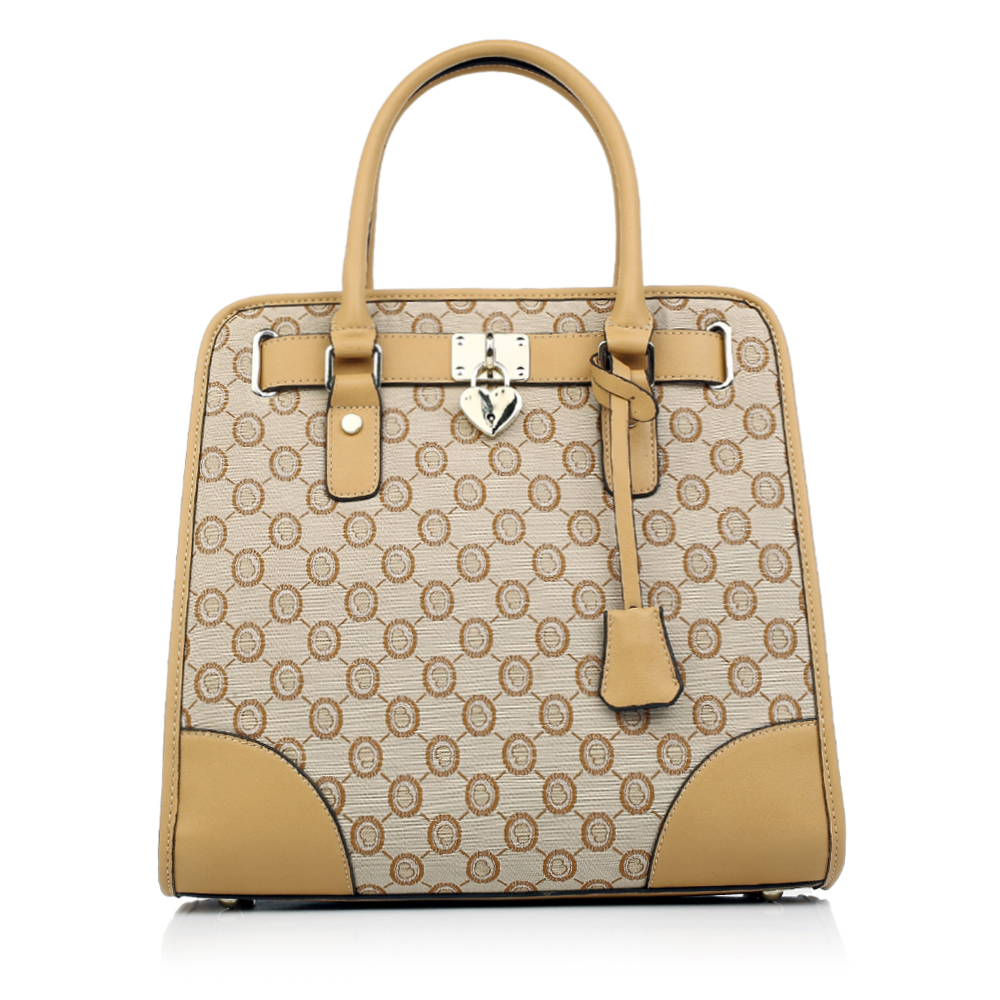 belle百丽箱包杏色logo布配锁头装饰女包0800adx4