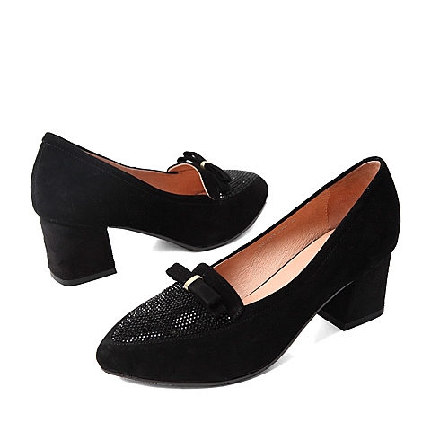 belle/百丽秋季黑色羊绒皮女皮鞋l8y3dcq4