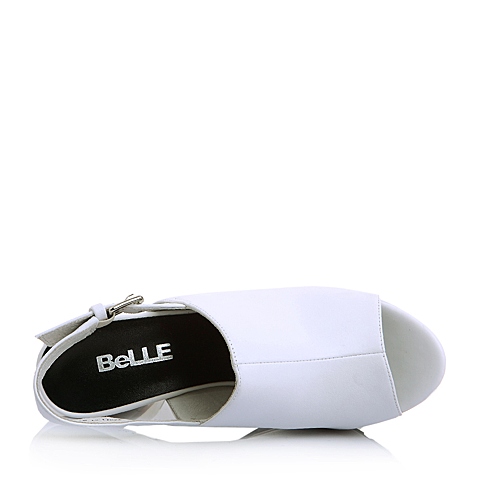 BELLE/百丽夏专柜同款白牛皮时尚防水台摩登粗跟女凉鞋BFE35BL6