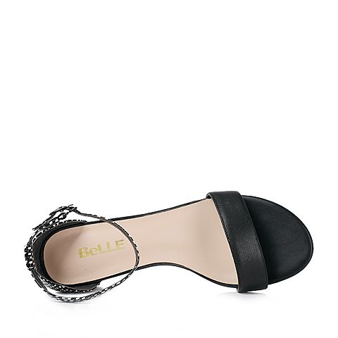 BELLE/百丽夏季专柜同款黑色打蜡小牛皮革女凉鞋BGF37BL6