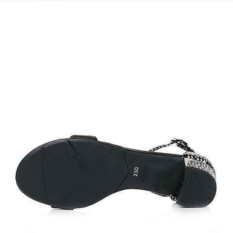 BELLE/百丽夏季专柜同款黑色打蜡小牛皮革女凉鞋BGF37BL6