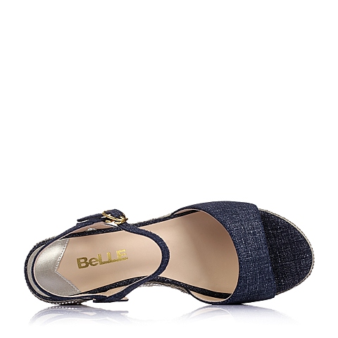 BELLE/百丽夏季专柜同款深兰色二层牛皮革女凉鞋BFUB3BL6