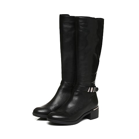 BELLE/百丽冬季专柜同款黑油皮小牛皮革女皮靴BJH74DG6