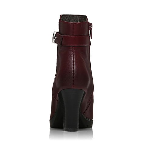 BELLE/百丽冬季专柜同款酒红油皮牛皮革女皮靴BHX45DD6