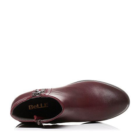 BELLE/百丽冬季专柜同款酒红油皮牛皮革女皮靴BKB42DD6