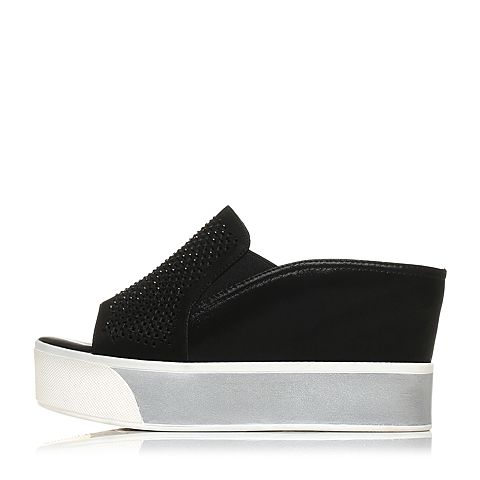 BELLE/百丽夏季专柜同款黑色布纹羊皮女凉鞋Q3J1DBT6