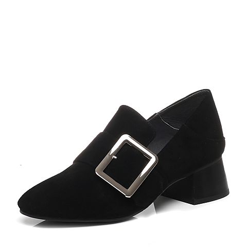 BELLE/百丽春季专柜同款羊皮黑绒面跟皮带扣女单鞋R1R1DAM7