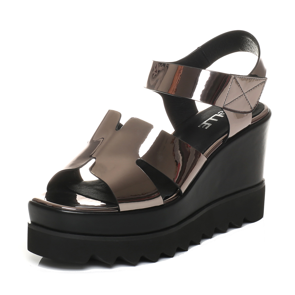 BELLE/百丽夏专柜同款灰色PU厚底松糕跟女凉鞋R1E1DBL7