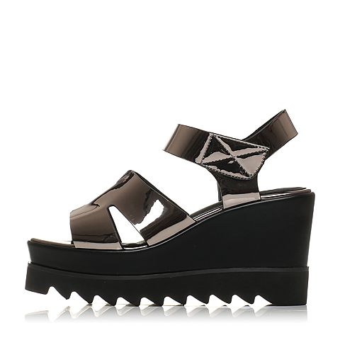 BELLE/百丽夏专柜同款灰色PU厚底松糕跟女凉鞋R1E1DBL7