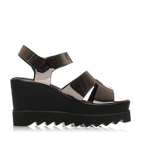 BELLE/百丽夏专柜同款灰色PU厚底松糕跟女凉鞋R1E1DBL7