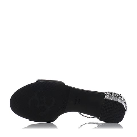 BELLE/百丽夏专柜同款黑/黑白羊皮粗跟一字型女凉鞋BLA39BL7