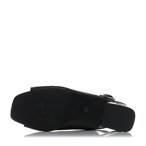 BELLE/百丽夏专柜同款黑色优雅粗跟牛皮女凉鞋BPD30BL7
