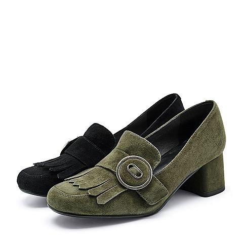 BELLE/百丽秋季专柜同款墨绿色羊绒皮粗跟女单鞋BOS23CM7