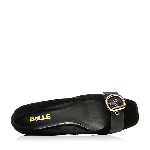 BELLE/百丽秋季专柜同款黑色绒布浅口女单鞋BWB01CQ7