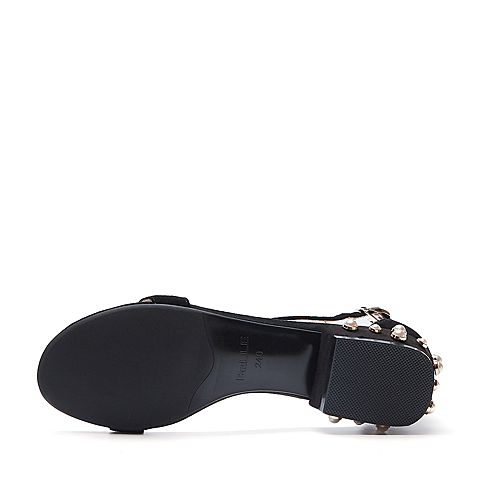 BELLE/百丽夏季专柜同款黑色羊绒皮革女皮凉鞋R5Q1DBL7