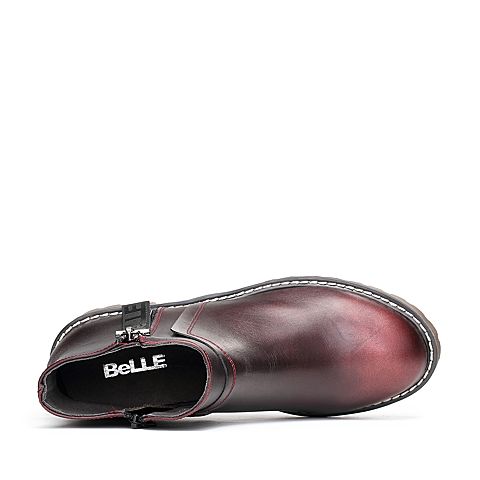 BELLE/百丽冬季专柜同款酒红金属擦色牛皮女短靴BZT43DD7