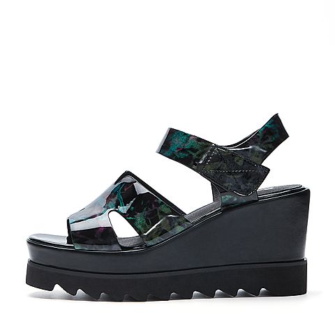 BELLE/百丽夏专柜同款绿色PU厚底松糕跟女凉鞋R1E1DBL7