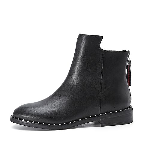 BELLE/百丽冬季专柜同款黑色油皮牛皮女短靴BKD53DD7