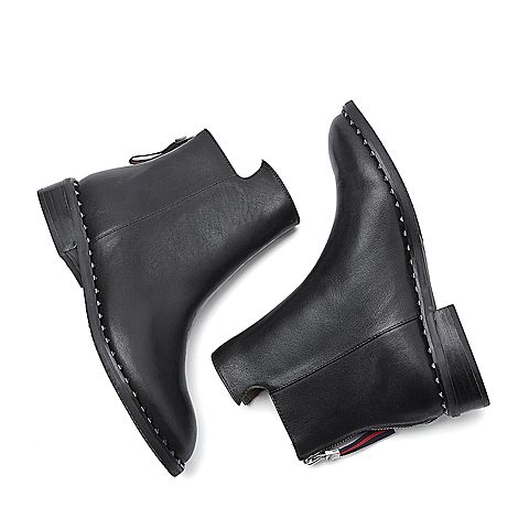 BELLE/百丽冬季专柜同款黑色油皮牛皮女短靴BKD53DD7