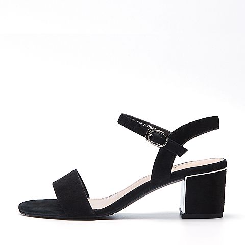 BELLE/百丽夏季专柜同款黑色羊绒皮革女皮凉鞋BLA30BL7