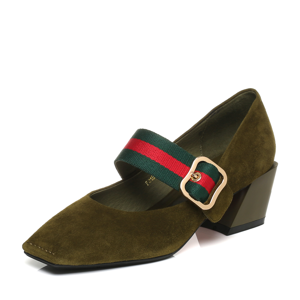 BELLE/百丽秋绿色优雅复古羊皮撞色织带玛丽珍鞋女单鞋18863CQ7