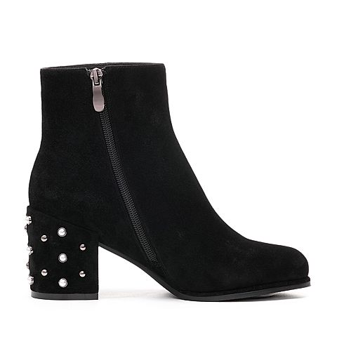 BELLE/百丽冬季专柜同款黑色羊绒皮革女皮靴R7U1DDD7