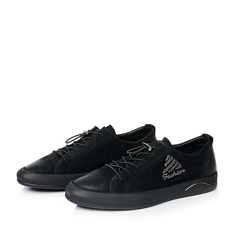 BELLE/百丽秋季黑色牛皮平底男休闲鞋73007CM7