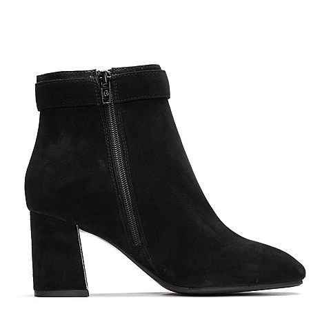 BELLE/百丽冬季专柜同款黑色羊皮女短靴BVLB1DD7