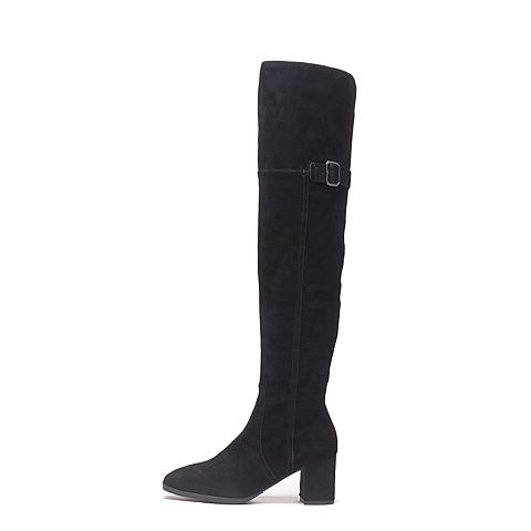 BELLE/百丽冬季专柜同款黑色羊绒皮革女皮靴BQW80DC7