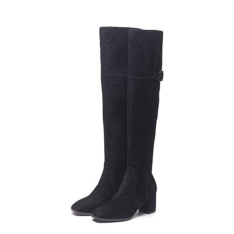 BELLE/百丽冬季专柜同款黑色羊绒皮革女皮靴BQW80DC7