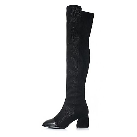 BELLE/百丽瘦瘦靴冬季专柜同款黑色弹力绒布/羊皮女长靴S1B1DDC7