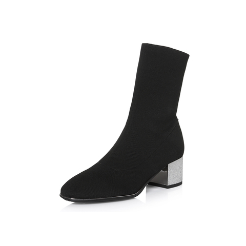 BELLE/百丽冬专柜同款黑色时尚潮流针织帮面女靴BAG60DZ7