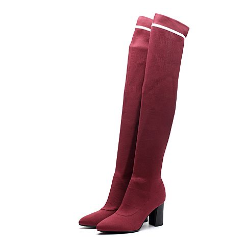BELLE/百丽瘦瘦靴冬专柜同款红色时尚潮流袜靴针织帮面女靴BYZ81DC7