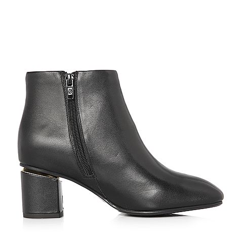 BELLE/百丽冬季专柜同款黑色油皮牛皮女短靴(薄绒里)BAA40DD7