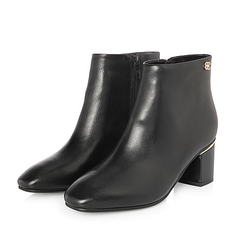 BELLE/百丽冬季专柜同款黑色油皮牛皮女短靴(薄绒里)BAA40DD7
