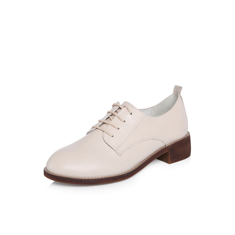 belle/百丽2018春新品专柜同款米白色英伦风摔纹小牛皮女皮鞋牛津鞋