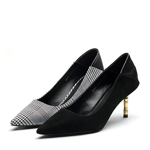 BELLE/百丽专柜同款黑色羊绒皮革女皮鞋BRX02AQ8