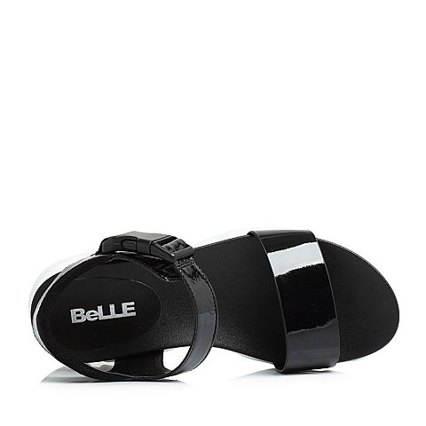 BELLE/百丽专柜同款黑色皱漆皮牛皮革厚底运动风女皮凉鞋BQR35BL8