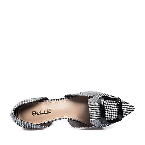 BELLE/百丽专柜同款黑白格子布女凉鞋BRPB1BK8